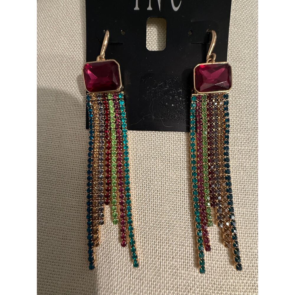 Authentic Vintage Macy’s Inc. Old Stock Rhinestone Fringe Earrings Gold Tone